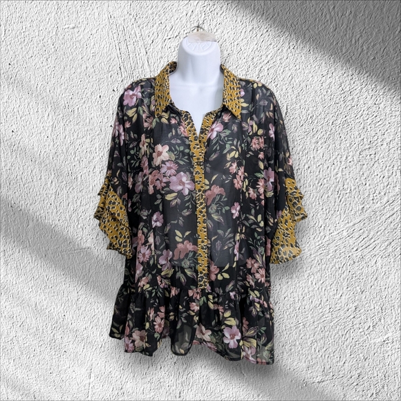 Umgee Floral Animal Print Oversized Blouse Short Flutter Sleeves Ruffle Hem L - Picture 1 of 10